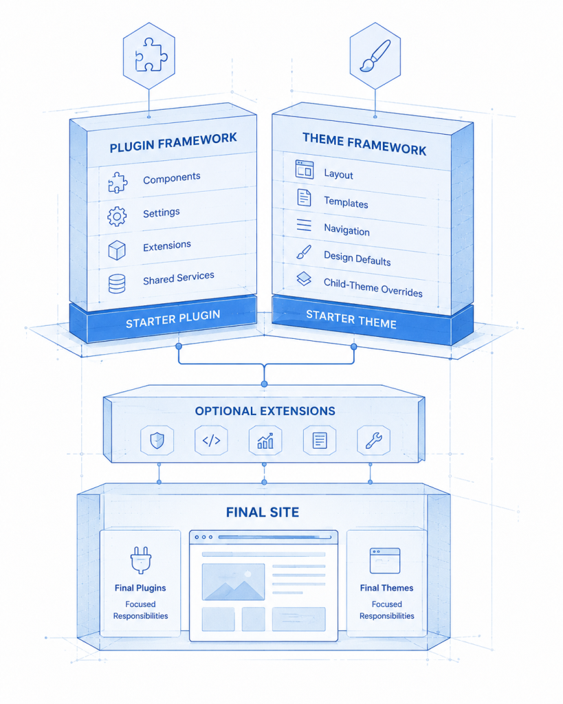 Diagram showing the SiteMods Plugin Framework and Theme Framework supporting a site-specific WordPress implementation.